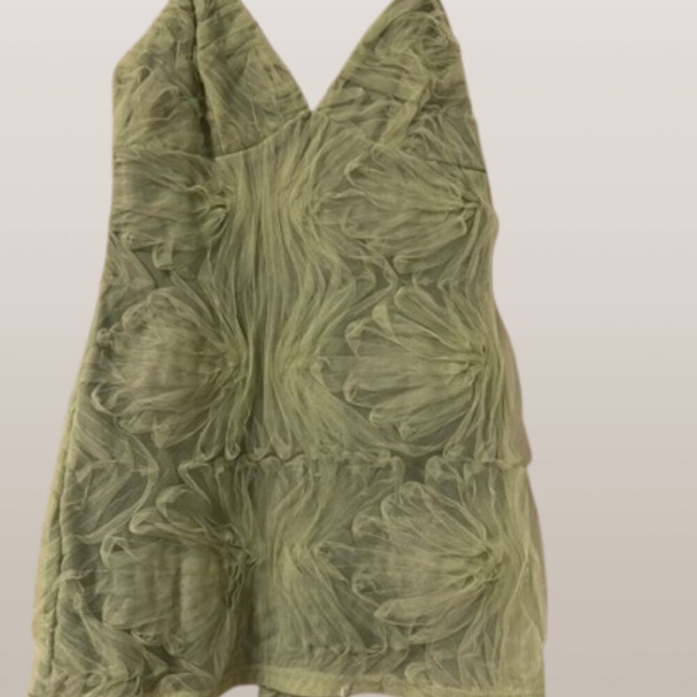 Beautiful mini cocktail dress in a mossy green color by Le Lis.